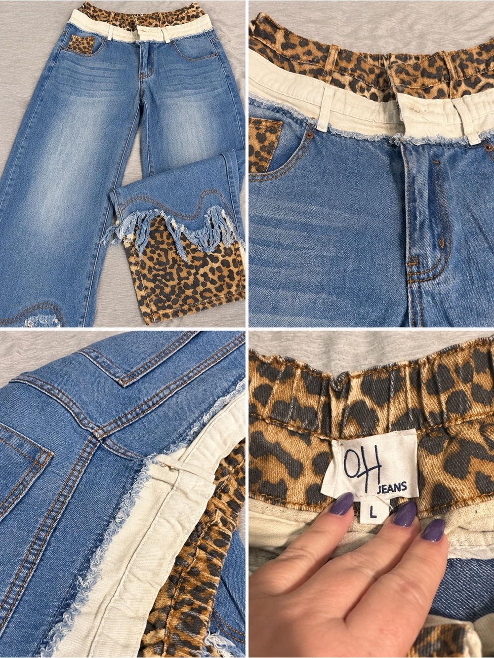 Women's Blue Denim Jeans with Leopard Trim - Size L